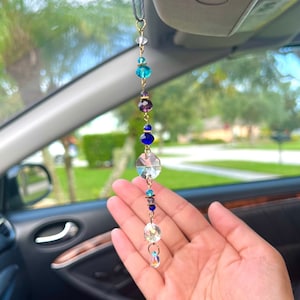 Beautiful Blue and Clear Sun Catcher Car Charm - Elegant Light Refracting Rear View Mirror Accessory - Dainty Glass Beaded Car Decor, Gifts
