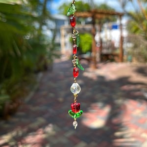 Rose Princess Fairytale Car Charm - Rear View Mirror Accessory - Whimsical Leafy Garden Story Book Sparkling - Red Hearts, Gold, Leaf