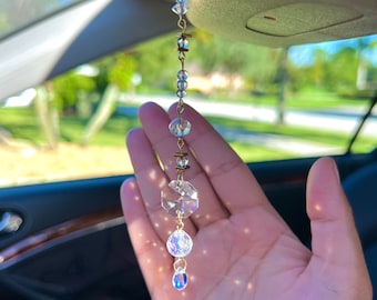 Beautiful Clear Sun Catcher Car Charm - Elegant Light Refracting Rear View Mirror Accessory - Neutral and Gold Glass Beads, Car Decor, Gifts