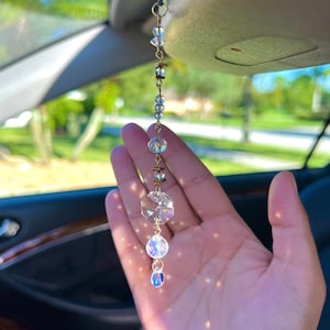 Beautiful Clear Sun Catcher Car Charm - Elegant Light Refracting Rear View Mirror Accessory - Neutral and Gold Glass Beads, Car Decor, Gifts