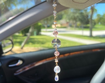 Dainty Sun Catcher Car Charm - Elegant Clear, Pink and Gold Rear View Mirror Accessory, Glass Beaded Car Decor, Holiday Gift