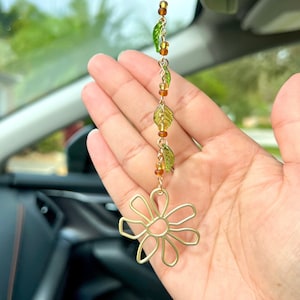 Boho Gold Flower and Leafy Vine Car Charm - Rear View Mirror Accessory - Plant Lovers Earthy Indie Whimsical Hanging Car Decor Car Charms