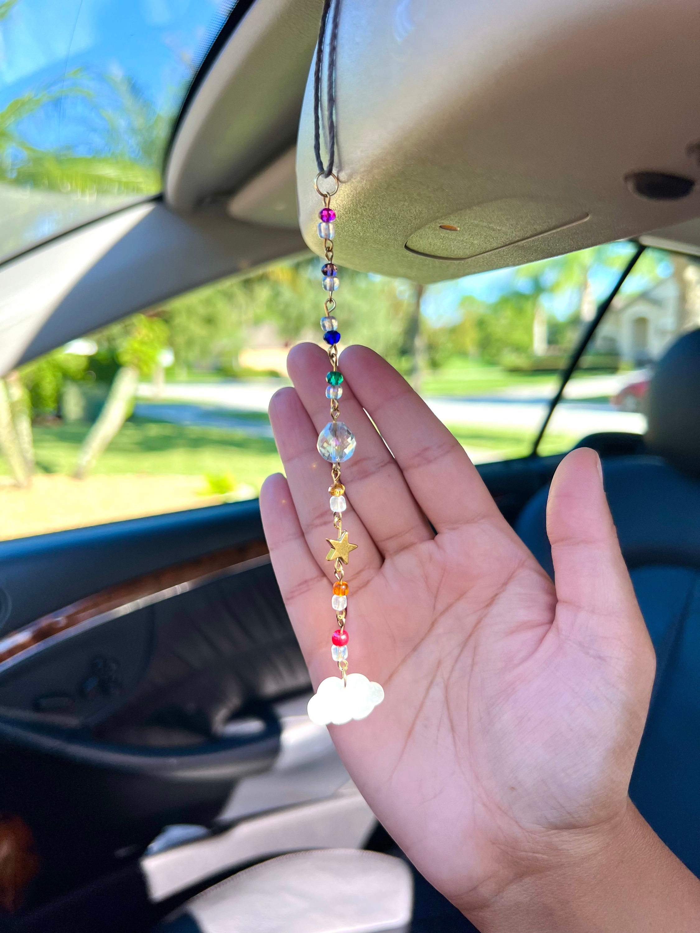 Beautiful Clear Sun Catcher Car Charm Elegant Light Refracting Rear View  Mirror Accessory Neutral and Gold Glass Beads, Car Decor, Gifts 