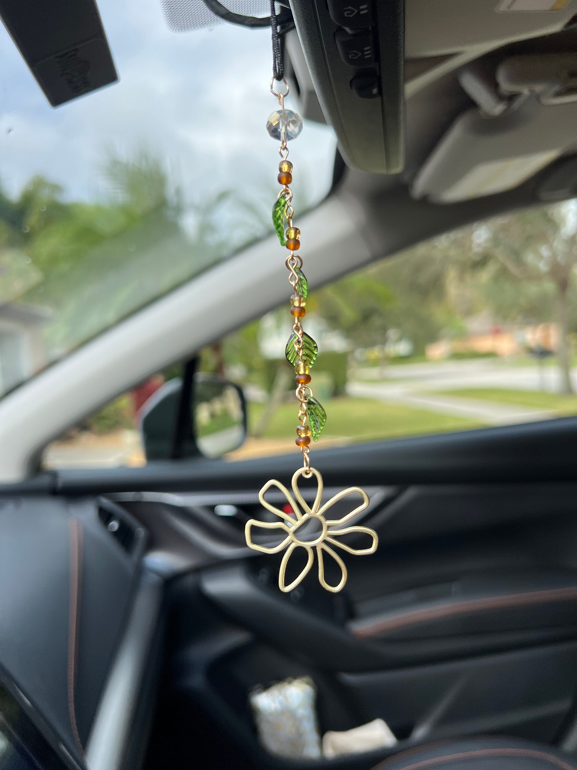 Boho Gold Flower and Leafy Vine Car Charm - Rear View Mirror