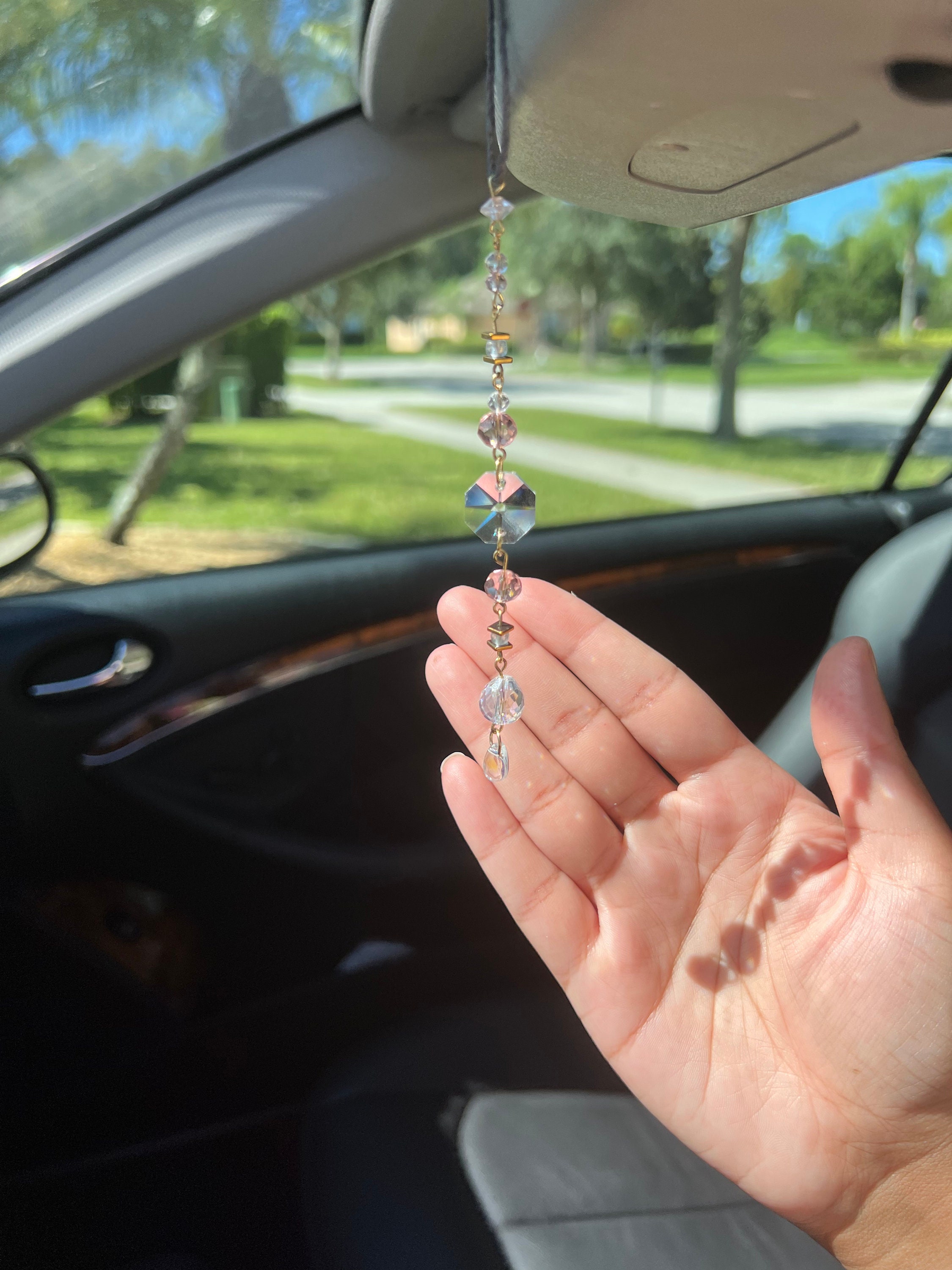 Dainty Sun Catcher Car Charm Elegant Clear, Pink and Gold Rear View Mirror  Accessory, Glass Beaded Car Decor, Holiday Gift 