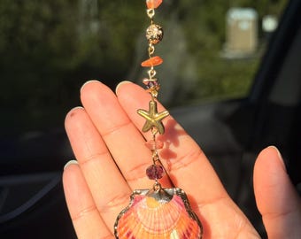 Moody Tropical Seashell and Starfish Car Charm - Dainty Elegant Purple, Pink and Gold Rear View Mirror Accessory - Beach Themed  Decor