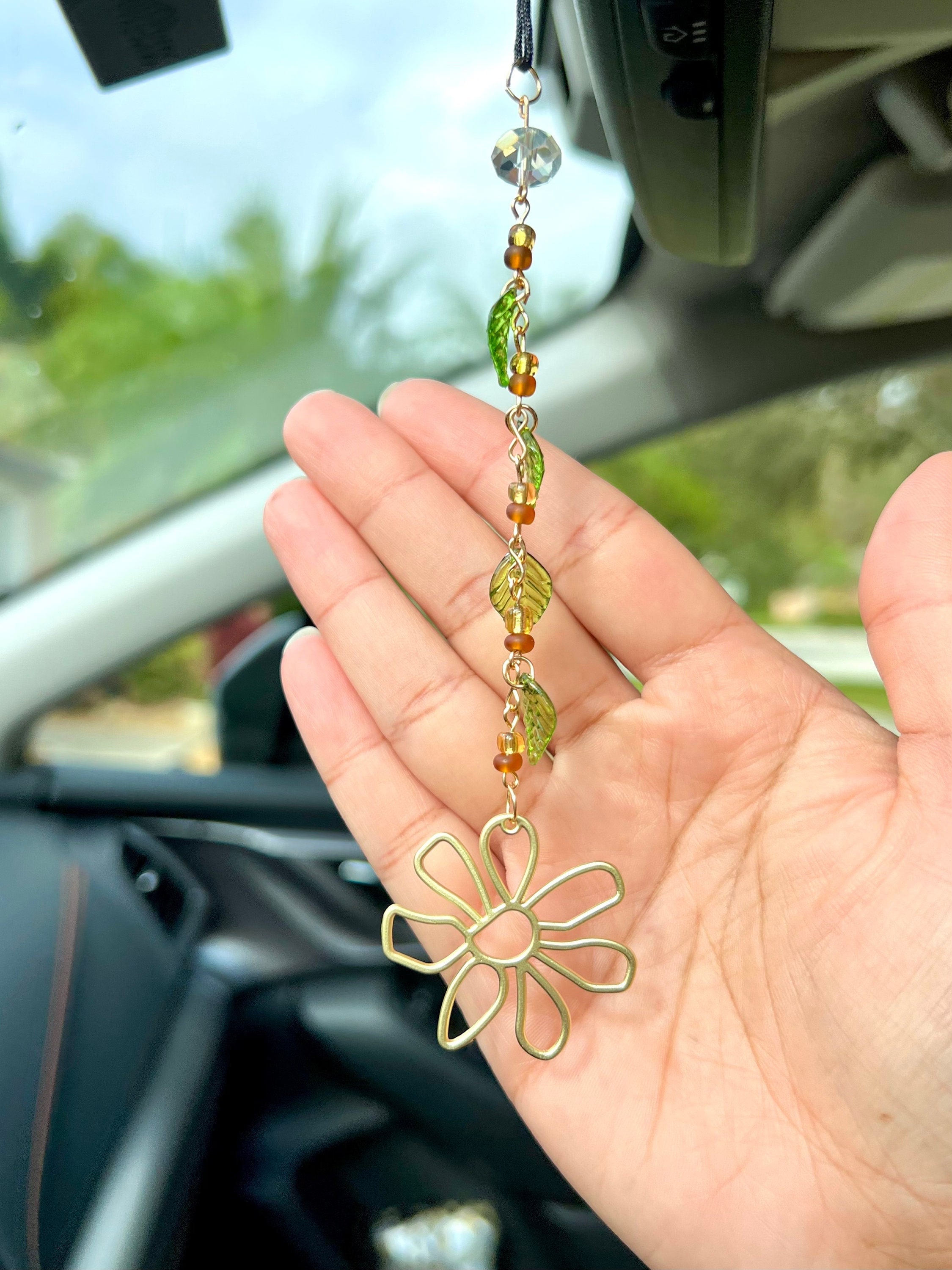 Boho Gold Flower and Leafy Vine Car Charm - Rear View Mirror