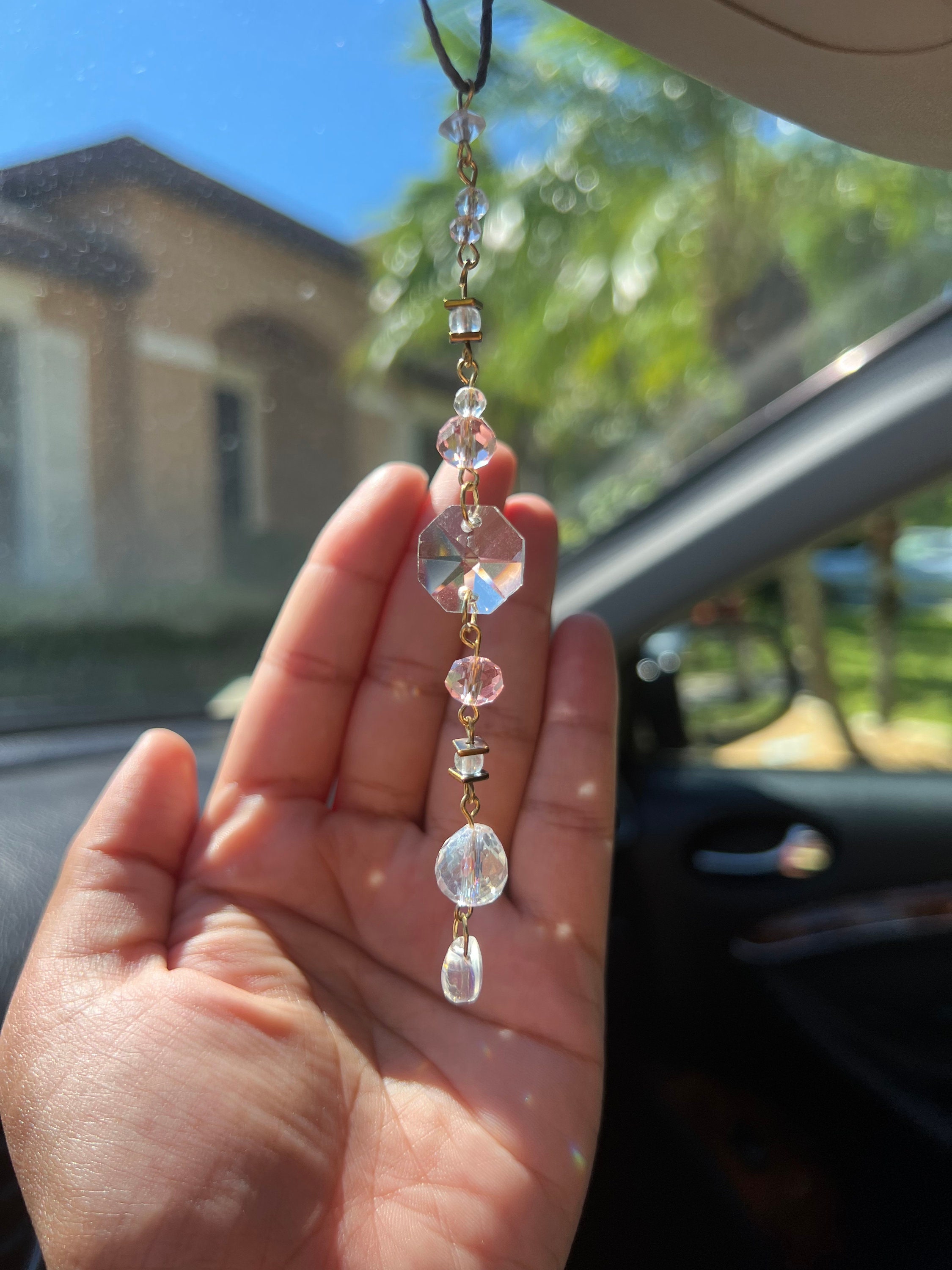 Dainty Sun Catcher Car Charm Elegant Clear, Pink and Gold Rear View Mirror  Accessory, Glass Beaded Car Decor, Holiday Gift 