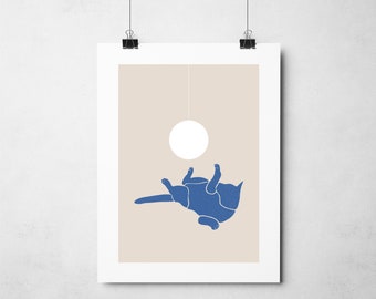 Playful Cat No. 3 Wall Art Print, Matisse Blue, Abstract, Midcentury Modern, Minimal Design