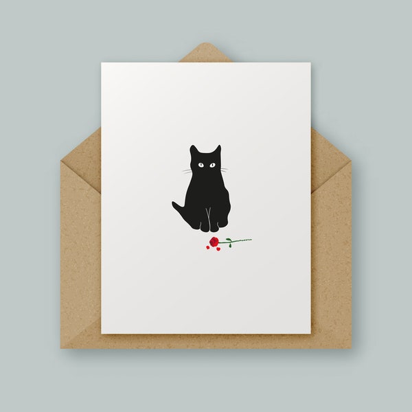 Cat and Rose, Valentine's, Birthday, Anniversary, High Quality Card, Minimal Design