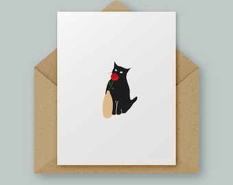Cat and Rose III, Valentine's, Birthday, Anniversary, High Quality Card, Minimal Design