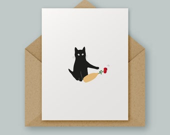 Cat and Rose II, Valentine's, Birthday, Anniversary, High Quality Card, Black Cat, Minimal Design