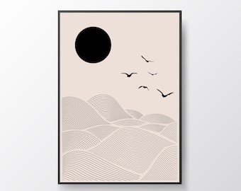 Stormy Seas, Birds and Waves, Wall Art Print, Midcentury Modern, Abstract, Minimal Design