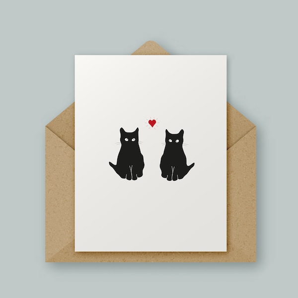 Katter och kärlekshjärta, svart katt, årsdag, alla hjärtans dag, högkvalitativt kort, minimalistisk design