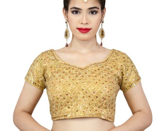 Gold Designer Mirror Indian Womens Saree blouses Top, Fancy Gold Womens indian Top for Saree, indian Designer Golden Blouses for saree
