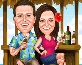 Get Couple Beach Portrait, Caricature from Photo, Digital Portrait, Caricature Portrait, Enjoy Holiday, Retirement, Personalized Gift