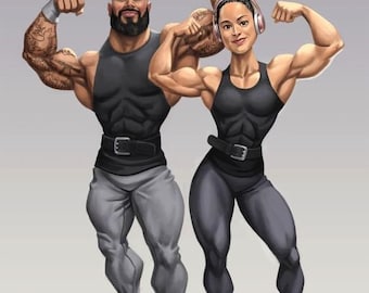 Personalized Fitness Couple Caricature, Custom Caricature From Photo, Digital Portrait, Couple Gift, Birthday Gift, Digital Download