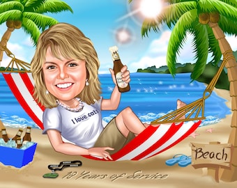 Beach Theme Caricature Digital Portrait , Custom Holiday, Vacation Caricature From A Photo, Caricature Gifts, Retirement, Digital Download
