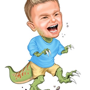 Ritratto digitale di cartoni animati di dinosauri personalizzati da foto, ritratto di caricatura, regalo di cartoni animati, ritratto di bambino, regalo per bambini, regalo di dinosauro