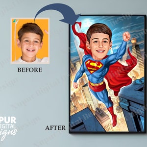 Obtenha retrato de super-herói infantil a partir de sua foto, retrato personalizado de super-herói, presente para criança pronto para imprimir, retrato digital, presente personalizado
