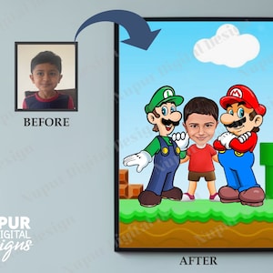 Mario Kids Custom Portrait, Get Your Super Mario And Luigi Portrait From Your Photo, Personalized Caricature, Digital Portrait, Custom Gift