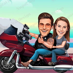 Custom Motorbiker Couple Portrait, Cartoon Valentines Day, Gift ideas, Men Women Motorcyclist, Wedding Gift, Digital Download, Biker Couple