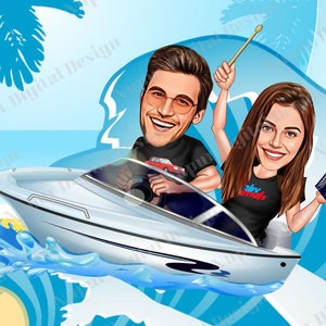 Caricatura de pareja de dibujos animados personalizados, caricatura de playa, regalo de pareja de aniversario, marco de madera de impresión de caricatura, regalo de San Valentín