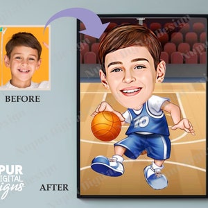 Personalized Basketball Player Caricature from Photo, Kids Basketball Cartoon Portrait, Gift for Kids, Basketball Caricature, Digital Photo