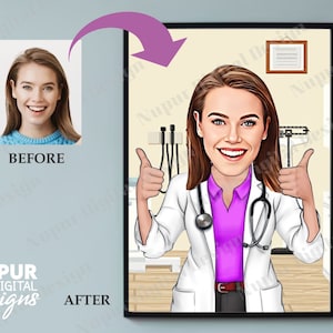 Personalized Doctor Portrait From Photo, Cartoon Doctor Portrait From Photo, Digital Download, Female Doctor Gift for Women, Caricature Gift