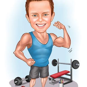 Retrato de dibujos animados de gimnasio personalizado, caricatura de fitness, regalo para levantador de pesas, ilustración de regalo de dibujos animados de fitness de deportista culturista