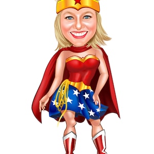 Desenho animado personalizado de super-herói SUPERWOMAN, caricatura de foto, retrato digital, presente de dia das mães, presente de aniversário, download digital, presente de retrato