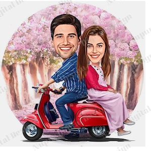 Couple Caricature on a Scooter/Bike, Personalized Cartoon Couple , Digital Caricature, Caricature from Photo, Super Caricature Motorcyclist