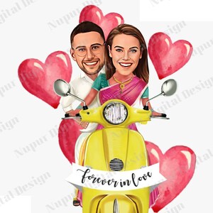 Personalized Hindu Traditional Wedding Couple, Couple Illustration, Riding Scooter Caricature Photo Frame, Caricature on a Scooter/Bike, Art