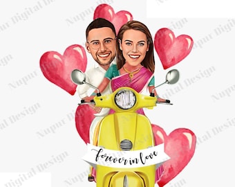 Personalized Hindu Traditional Wedding Couple, Couple Illustration, Riding Scooter Caricature Photo Frame, Caricature on a Scooter/Bike, Art