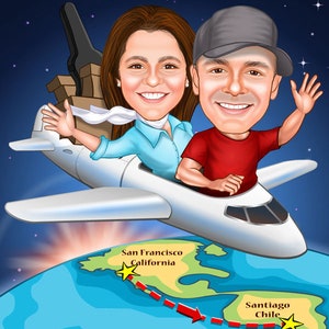 Obtenga una caricatura de dibujos animados de viaje personalizada, ilustraciones de dibujos animados personalizados, regalo para una pareja de estudiantes, retrato digital de una foto, estudiante en un avión