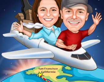 Get Custom Traveling Cartoon Caricature,Personalize Cartoon Artwork,Gİft For kid Student Couple,Digital Portrait From Photo,Student on Plane