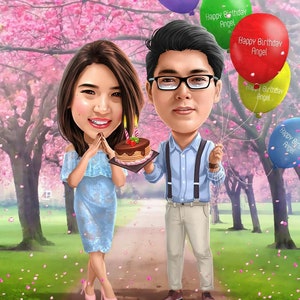 Couple Birthday Portrait,Boyfriend Girlfriend Birthday Caricature Gift from Photos, Digital File,Customize Design, Gift For Him,Bday Theme