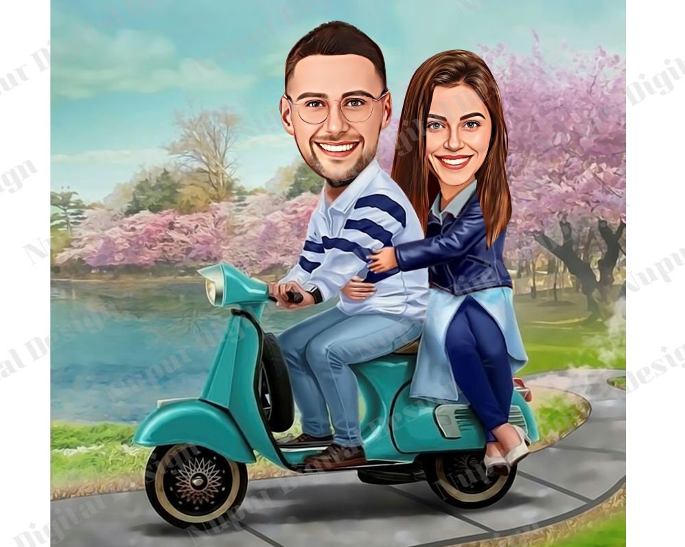 The Couple on Scooter - Custom Caricature Diamond Art - PaintingsCart