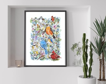 Garden Friends- watercolor birds - gift - whimsical illustration of birds - birds of NY - birds art - birds painting - watercolor art