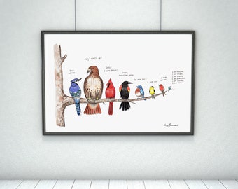 The Uniqueness of Life - birds art - watercolor birds watercolor illustration of birds - birds hanging whimsical birds - birds illustration