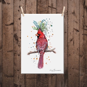 Northern Cardinal_ Male - Cardinal art - Watercolor Cardinal- Wall Art - Whimsical Illustration