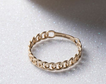 14K Solid Gold Chain Ring, Solid Gold Stackable Ring, Dainty Gold Ring, Stackable Gold Ring, Gift For Her