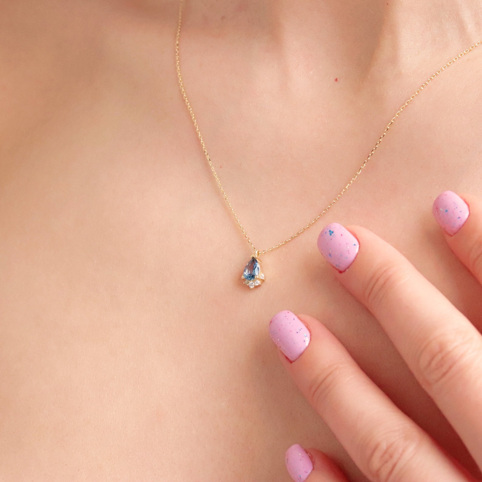 Solid Gold Blue Gemstone Necklace, 14K Gold Blue Topaz Pendant, London