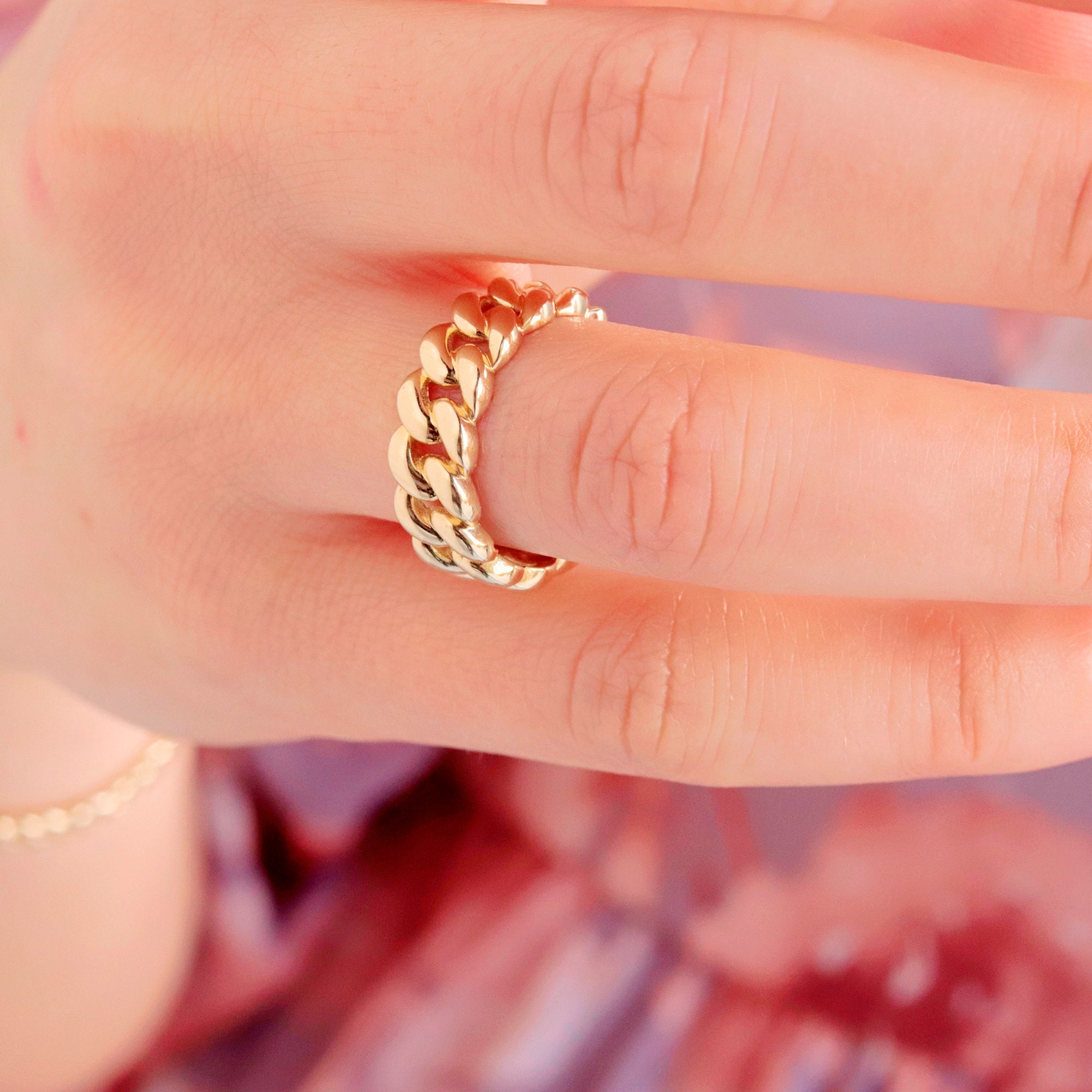 Solid Gold Chain Ring, 14K Gold Chunky Ring, Thick Gold Ring, Statement Ring, Cuban Link Chain