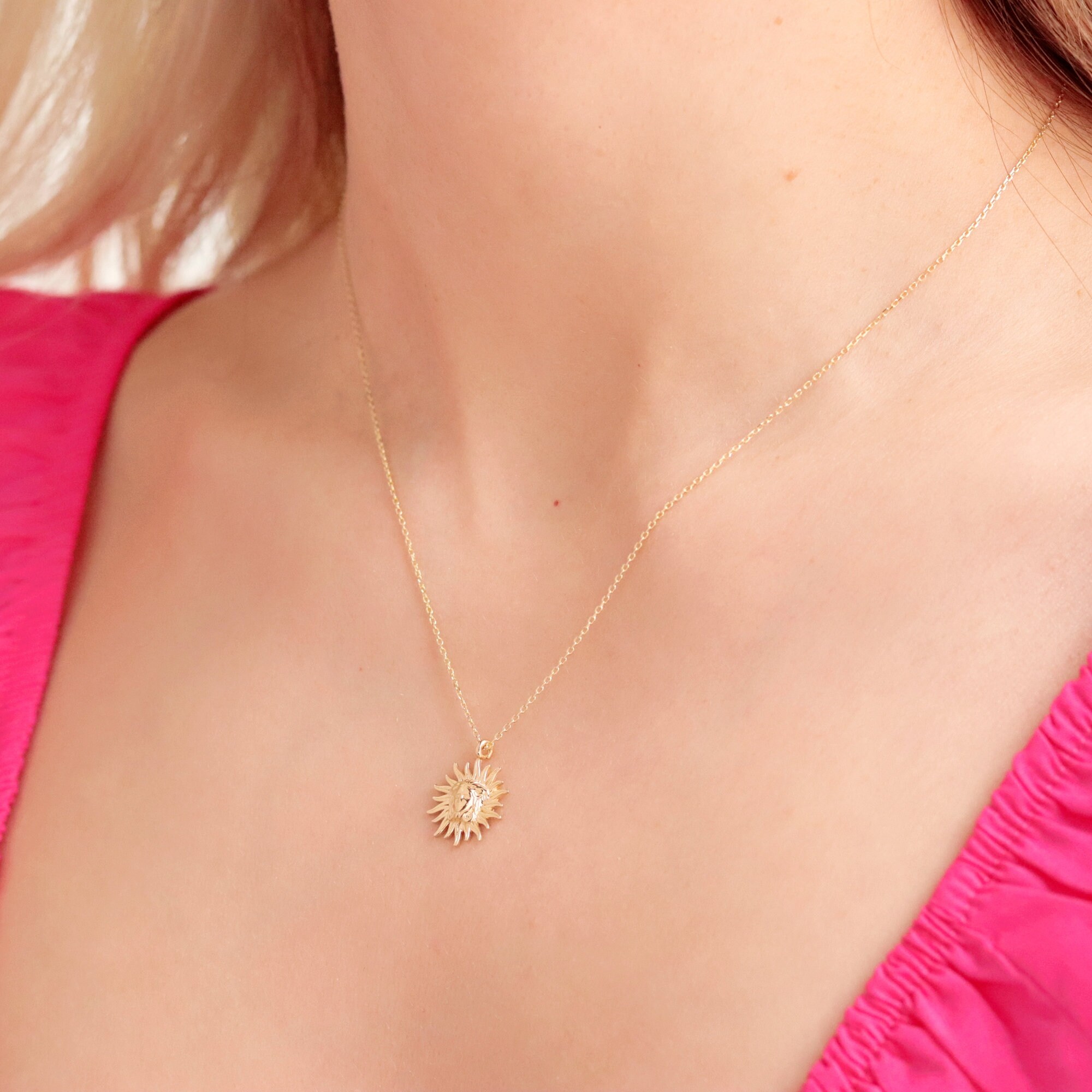 Solid Gold Sun Necklace 14K Gold Sunshine Pendant Sun Charm Etsy