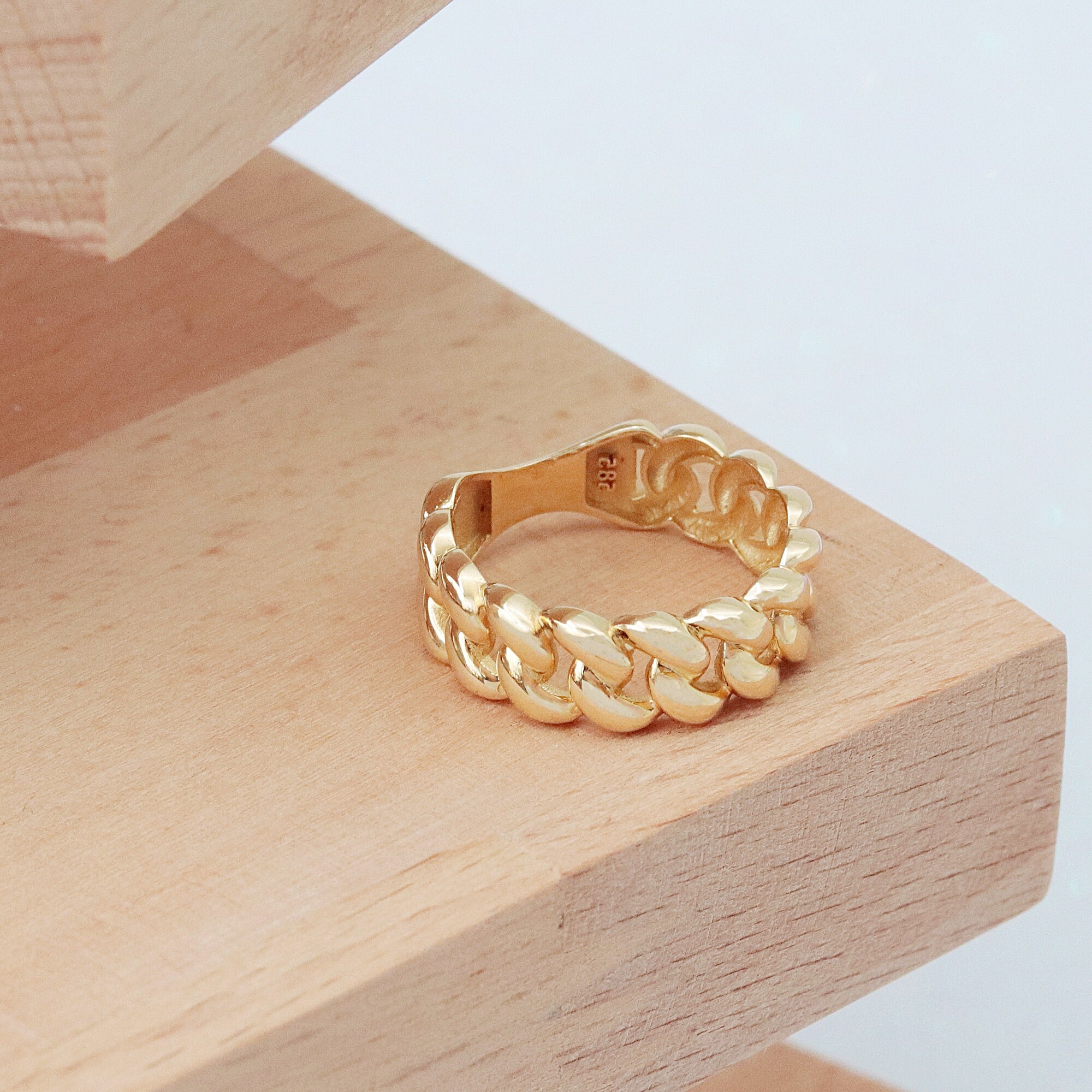 Solid Gold Chain Ring, 14K Gold Chunky Ring, Thick Gold Ring, Statement Ring, Cuban Link Chain