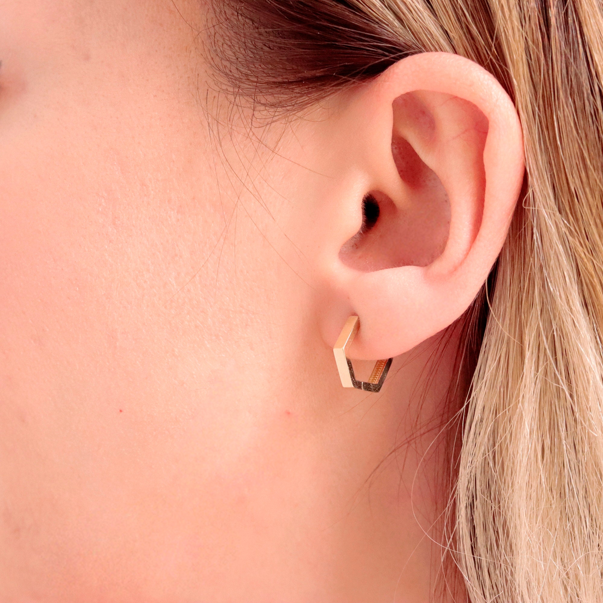 Solid Gold Hoop Earrings, 14K Gold Hexagon Earrings, Geometric Hoop