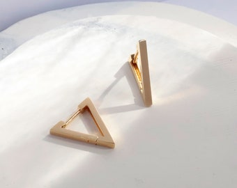 Solid Gold Triangle Earrings, 14K Geometric Hoop Earrings, Gold Triangle Hoop Earrings, Minimalist and Dainty Earrings