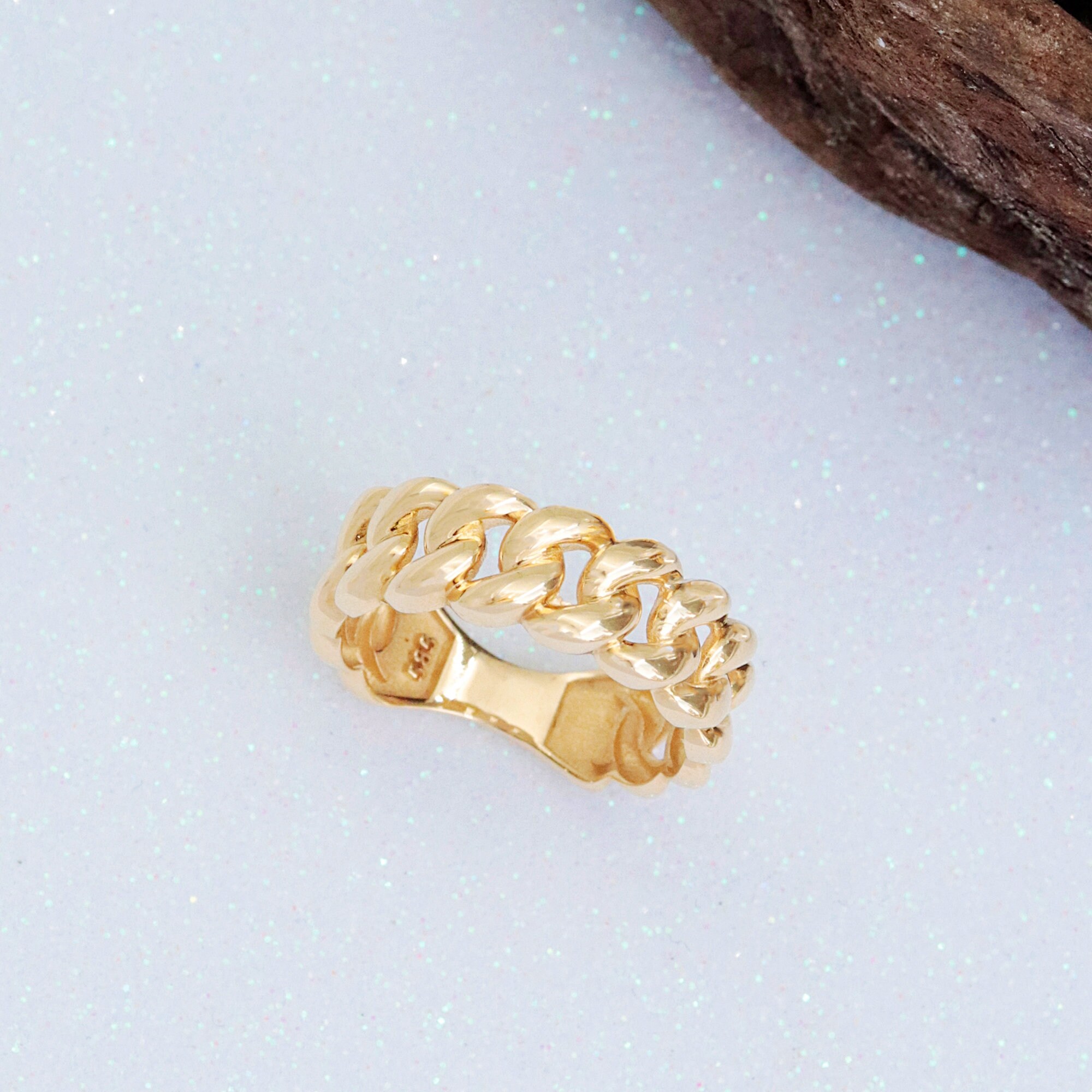 Solid Gold Chain Ring, 14K Gold Chunky Ring, Thick Gold Ring, Statement Ring, Cuban Link Chain