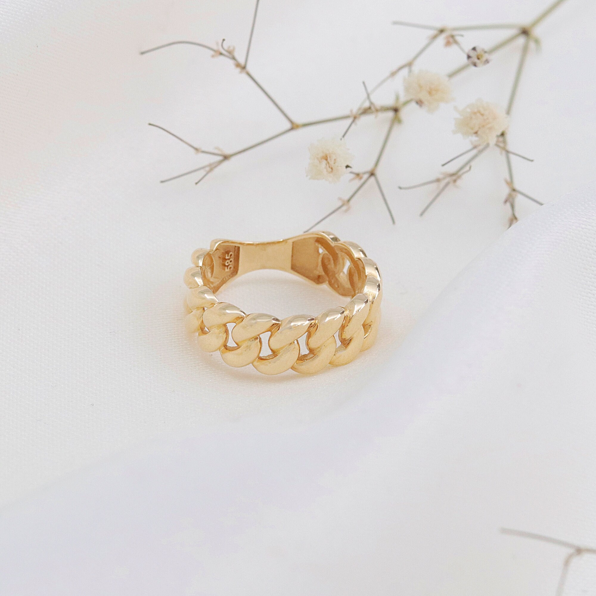 Solid Gold Chain Ring, 14K Gold Chunky Ring, Thick Gold Ring, Statement Ring, Cuban Link Chain